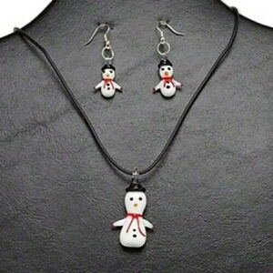 Lampwork Glass Red White Snowman Pendant Black Necklace Earrings Jewelry Set